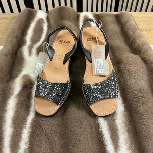 New Women's RIA Menorca Black Glitter Sandals, Sz 37